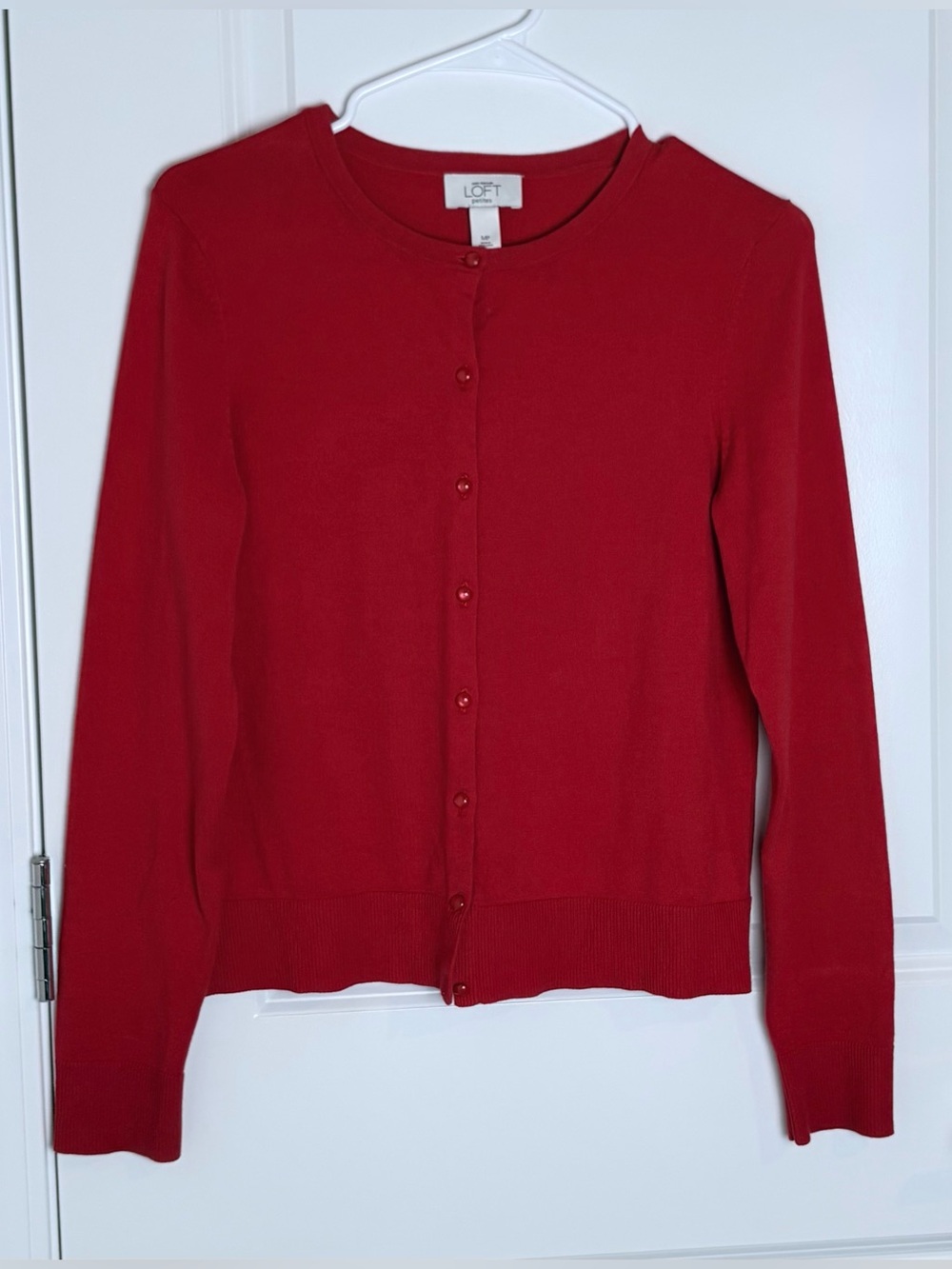 LOFT Red Crewneck Button-Front Cardigan. Women Petite M